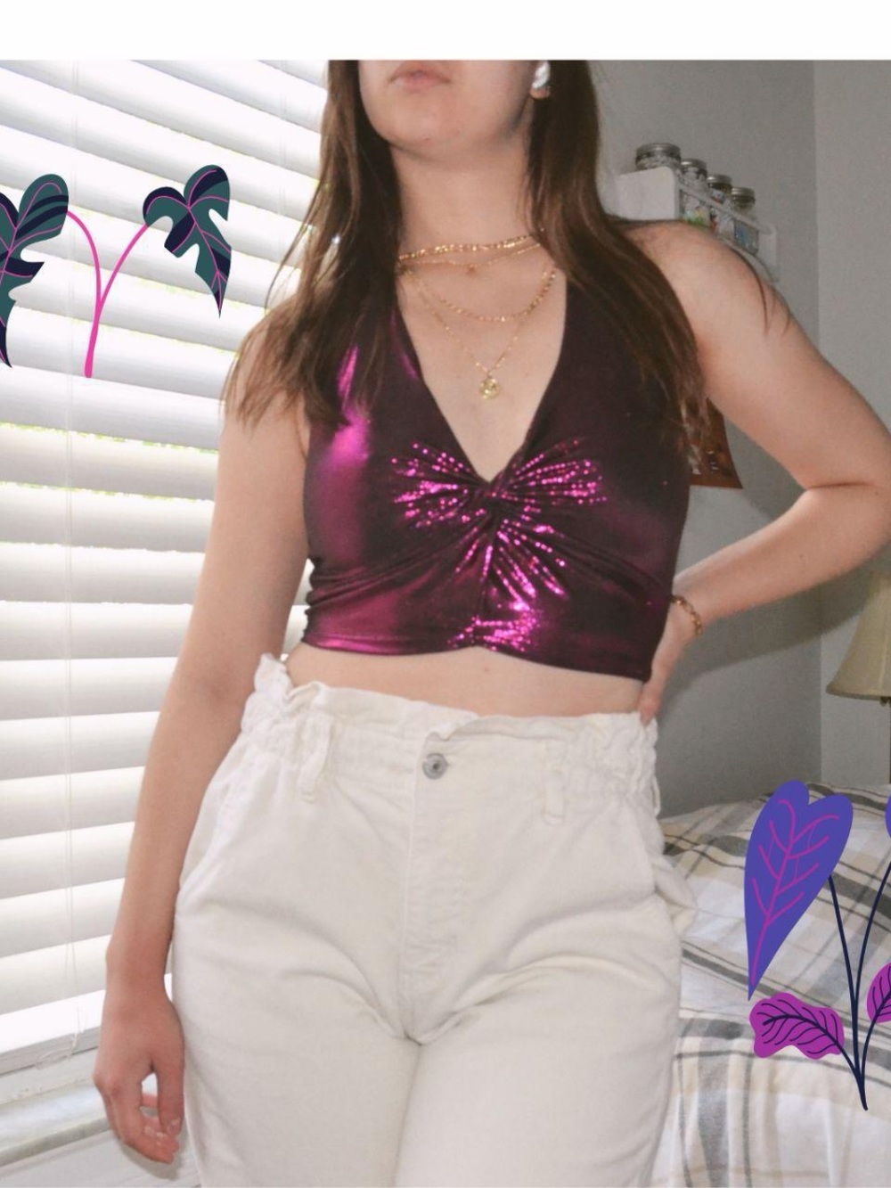 Metallic Plum Twist V-Neck Crop Top